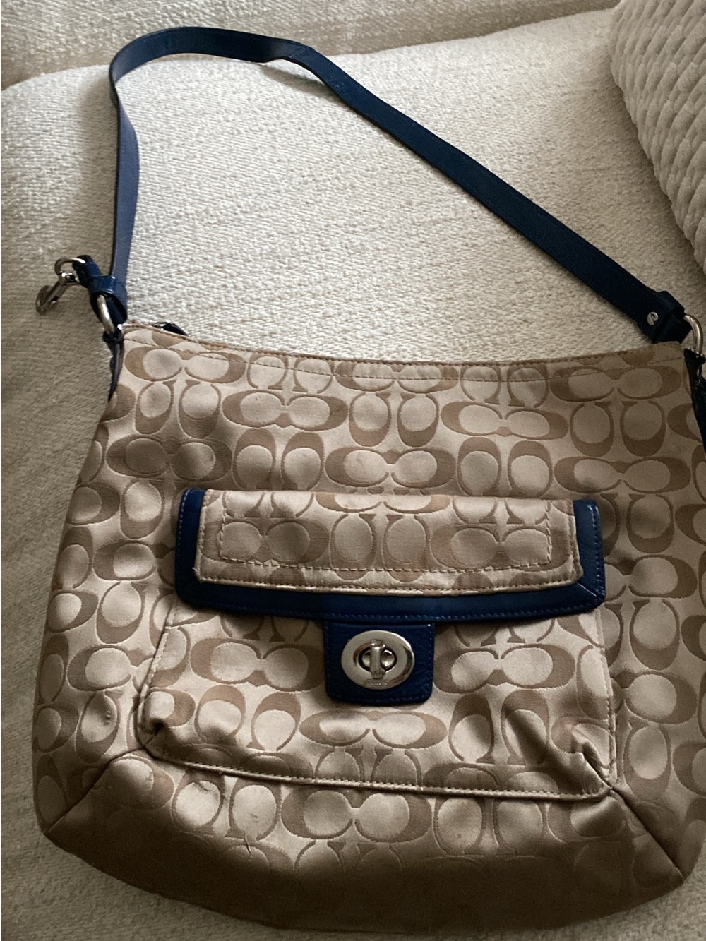 Coach Beige Signature Shoulder Bag with Teal Trim